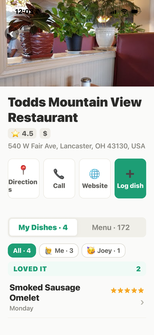 Restaurant page showing dishes you've previously ordered
